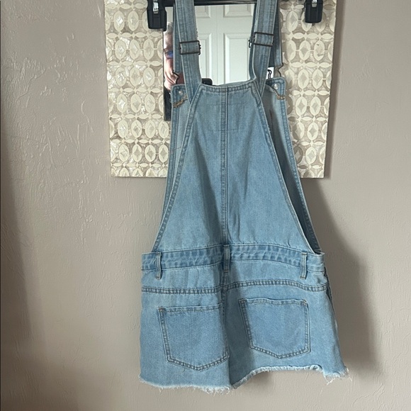 Light Blue Denim Short Overalls - Women's Distressed Jean Shorts - Picture 2 of 2